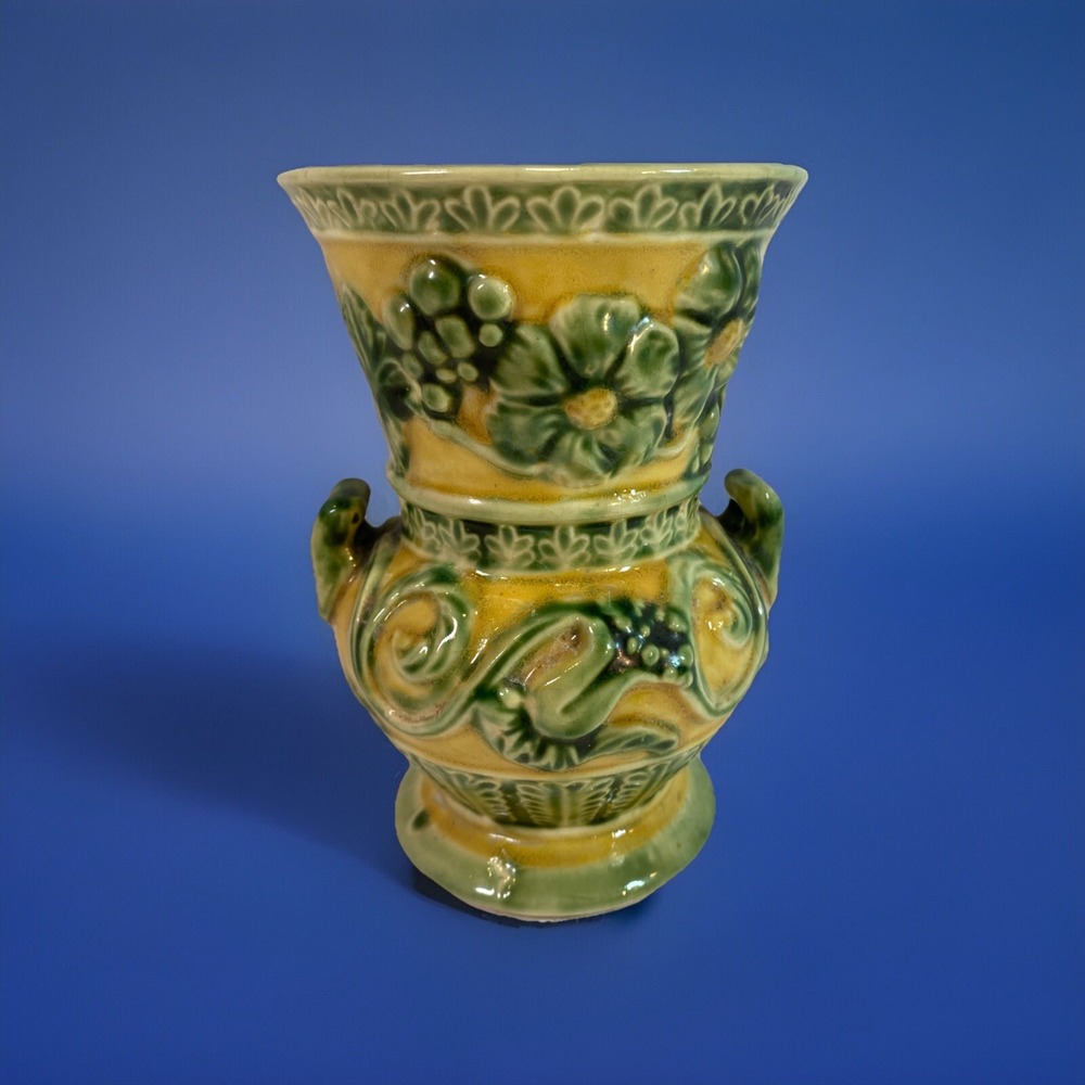 Vintage Occupied Japan Pottery Vase Raised Flowers Grapes Hand Painted